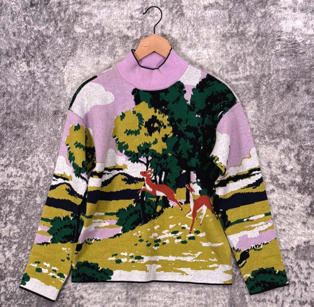 Anthropologie Sweater Small Womens Fanciful Mock Neck Woodland Nature Scene